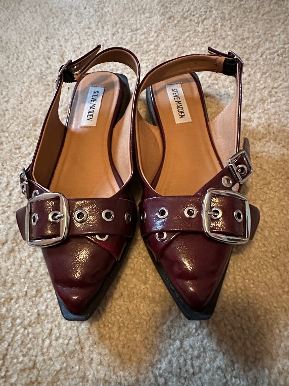 Steve Madden Burgundy Pointed Slingback Flats with Buckle & Grommets